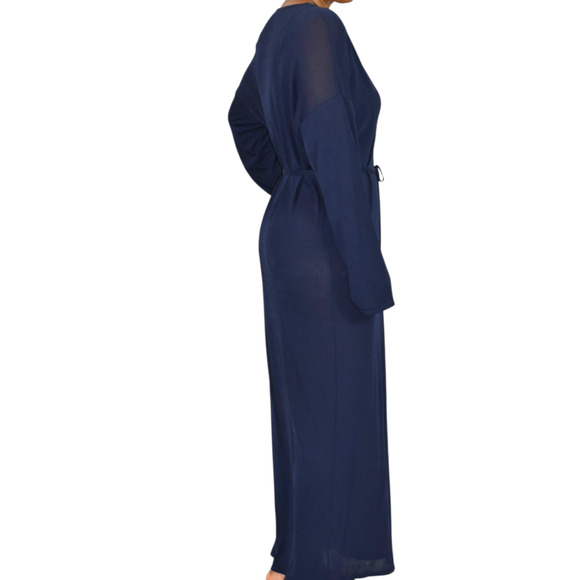 Zara Knit Maxi Dress Blue Sheer V Neck Oversized Belt Caftan Long Viscose Medium - Picture 13 of 14